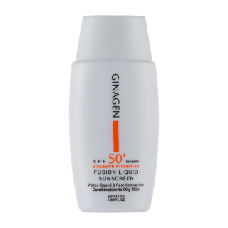 ضد آفتاب بی‌رنگ اصل ژیناژن مدل Fusion Liquid با SPF50، مناسب پوست چرب و مستعد آکنه، با بافت سبک و جذب سریع