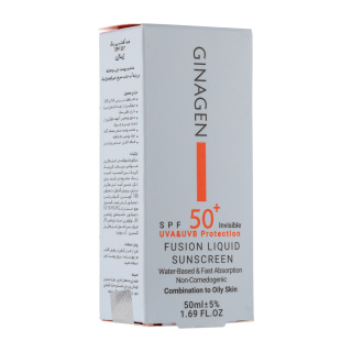 ضد آفتاب بی‌رنگ اصل ژیناژن مدل Fusion Liquid با SPF50، مناسب پوست چرب و مستعد آکنه، با بافت سبک و جذب سریع