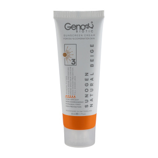 کرم ضد آفتاب رنگی اصل ژنوبایوتیک SPF50، مناسب پوست چرب و مختلط، با پوشش طبیعی و مقاوم در برابر تعریق