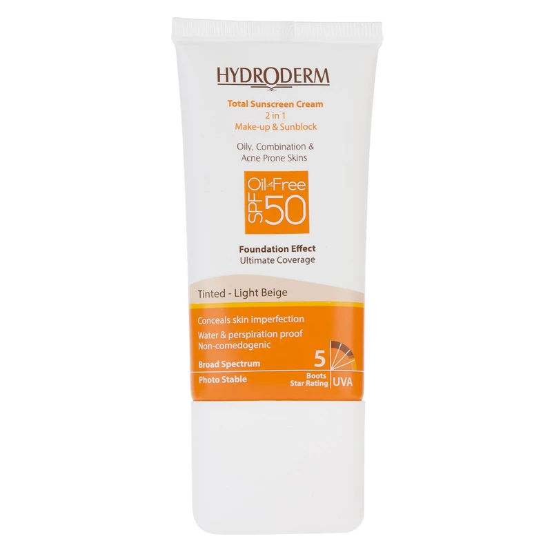 کرم ضد آفتاب رنگی اصل هیدرودرم SPF50، مناسب پوست چرب و مختلط، با پوشش طبیعی و مقاوم در برابر تعریق