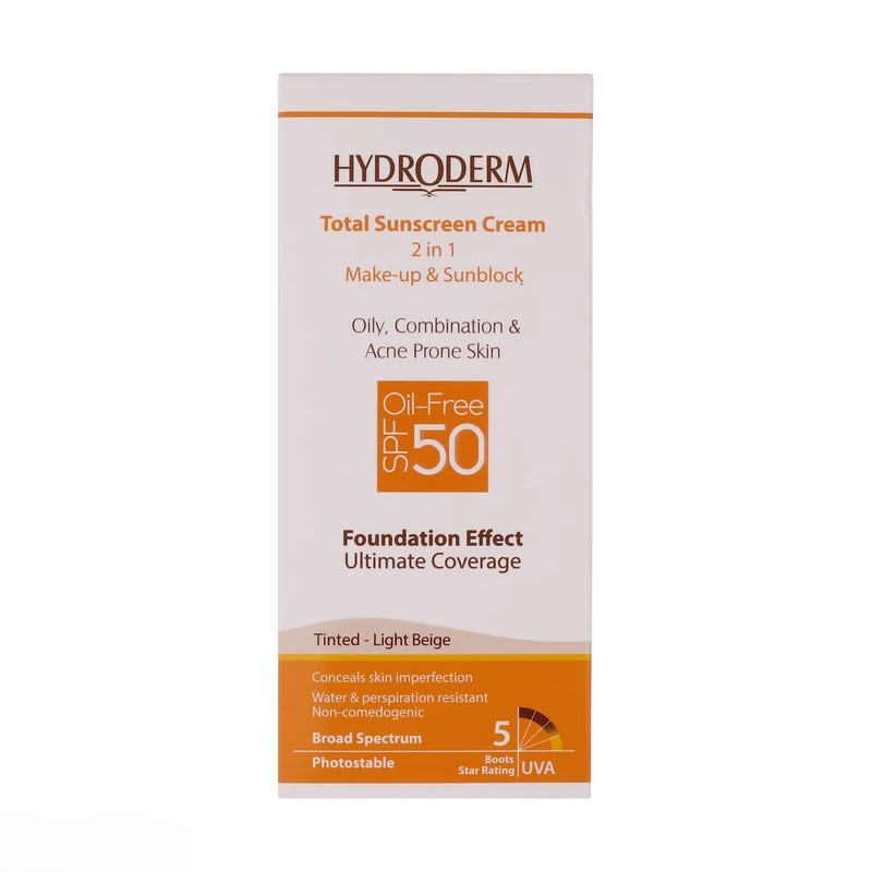 کرم ضد آفتاب رنگی اصل هیدرودرم SPF50، مناسب پوست چرب و مختلط، با پوشش طبیعی و مقاوم در برابر تعریق