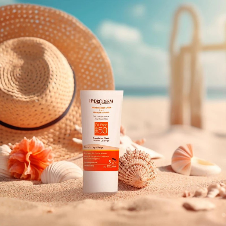کرم ضد آفتاب رنگی اصل هیدرودرم SPF50، مناسب پوست چرب و مختلط، با پوشش طبیعی و مقاوم در برابر تعریق