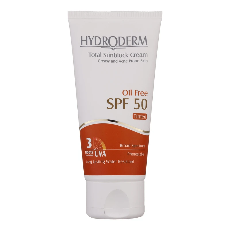 کرم ضد آفتاب رنگی اصل هیدرودرم SPF50، مناسب پوست چرب و آکنه‌دار، با پوشش طبیعی و مقاوم در برابر تعریق