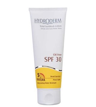 ضد آفتاب بی‌رنگ هیدرودرم SPF30 اصل، مناسب پوست چرب و آکنه‌دار، فاقد چربی و مقاوم در برابر تعریق